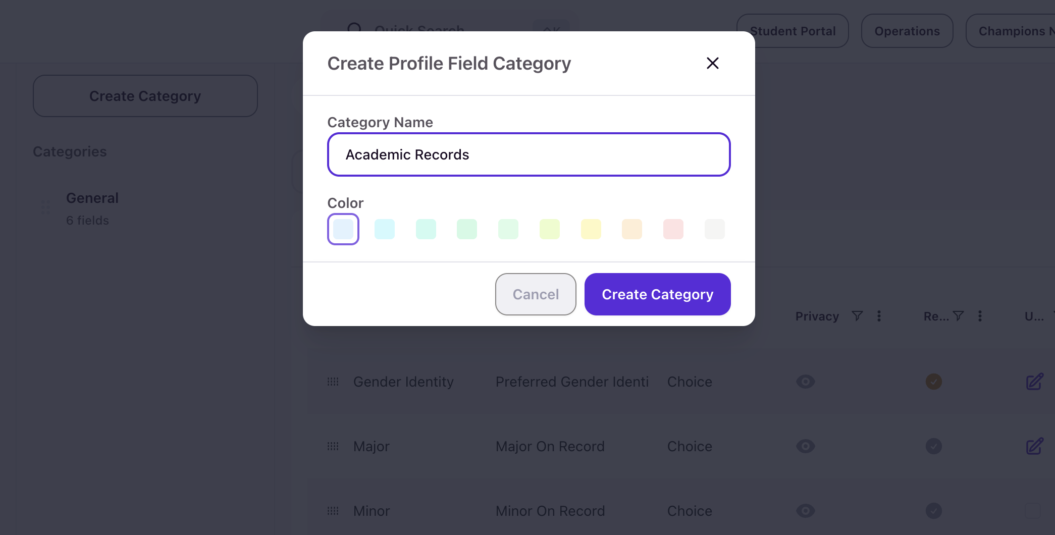 Create Profile Field Category modal with Category Name field set to Academic Records and a color picker showing selected blue