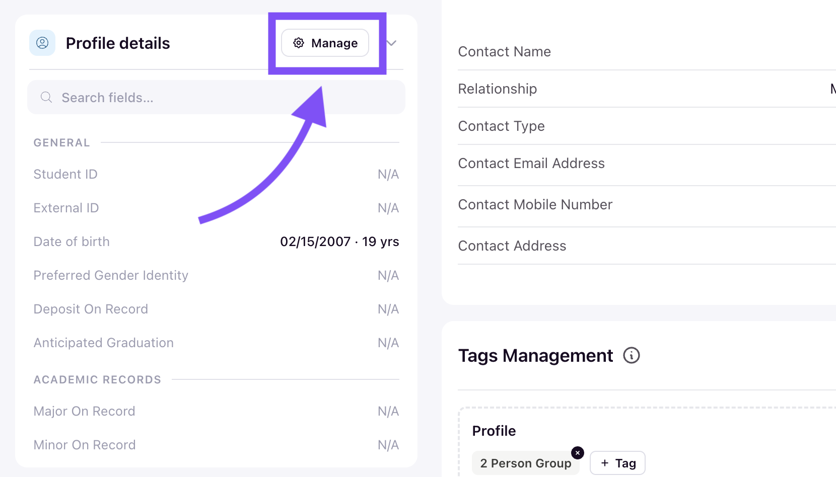 Student profile page showing Profile details panel with Manage button and fields grouped under GENERAL and ACADEMIC RECORDS sections