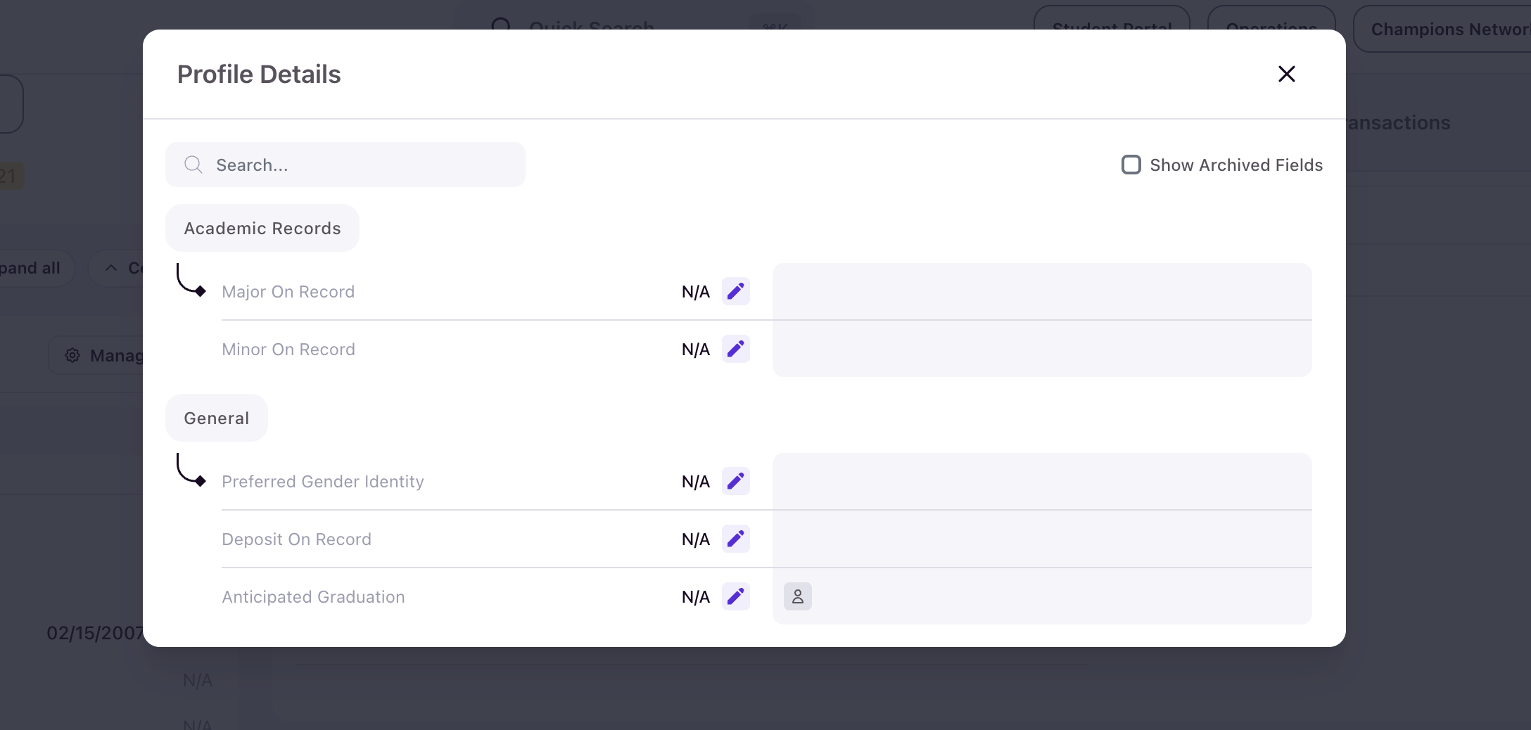Profile Details modal showing fields grouped by category with pencil edit icons next to each value