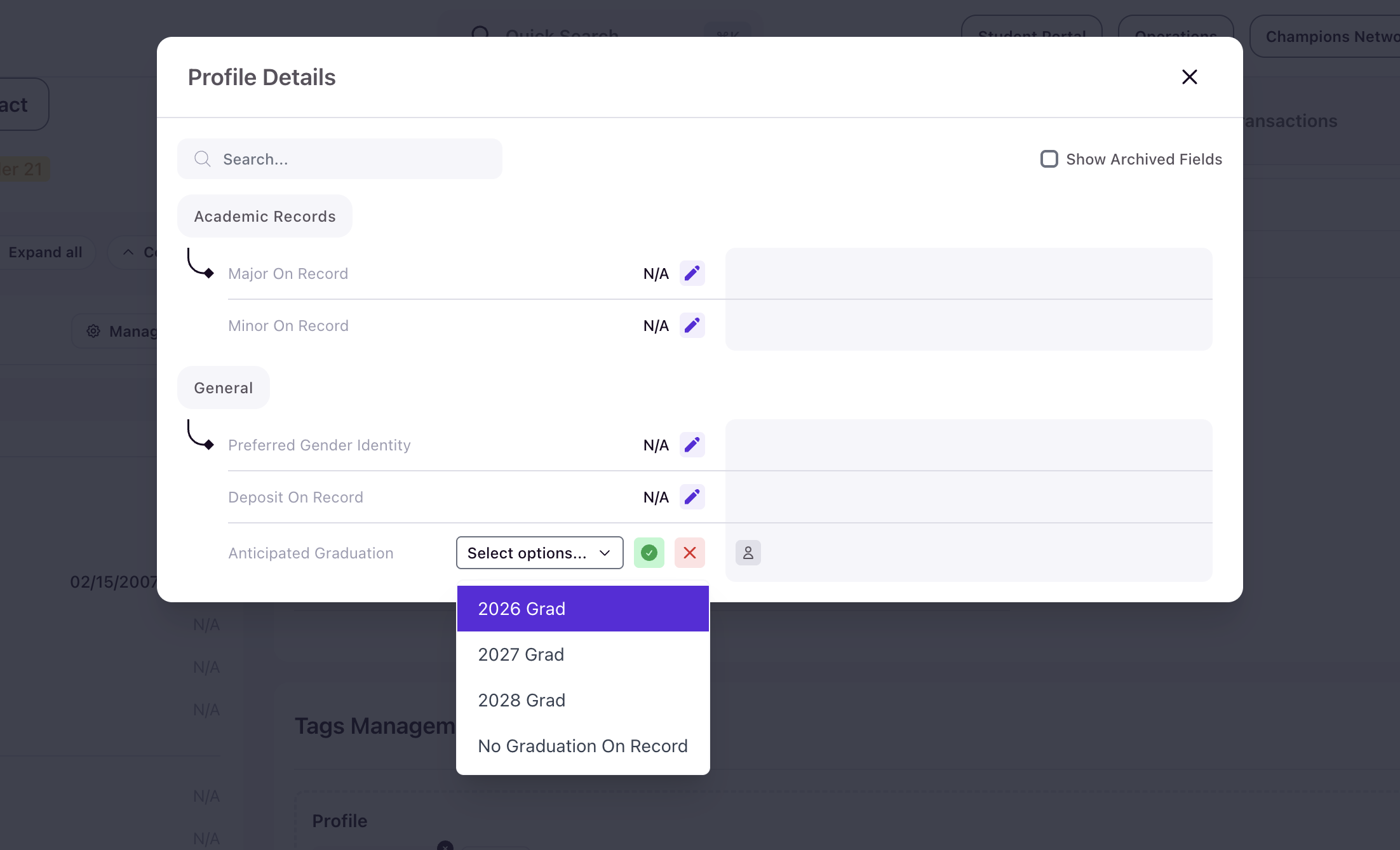 Profile Details modal with a choice field dropdown open showing options like 2026 Grad, 2027 Grad, 2028 Grad, and No Graduation On Record