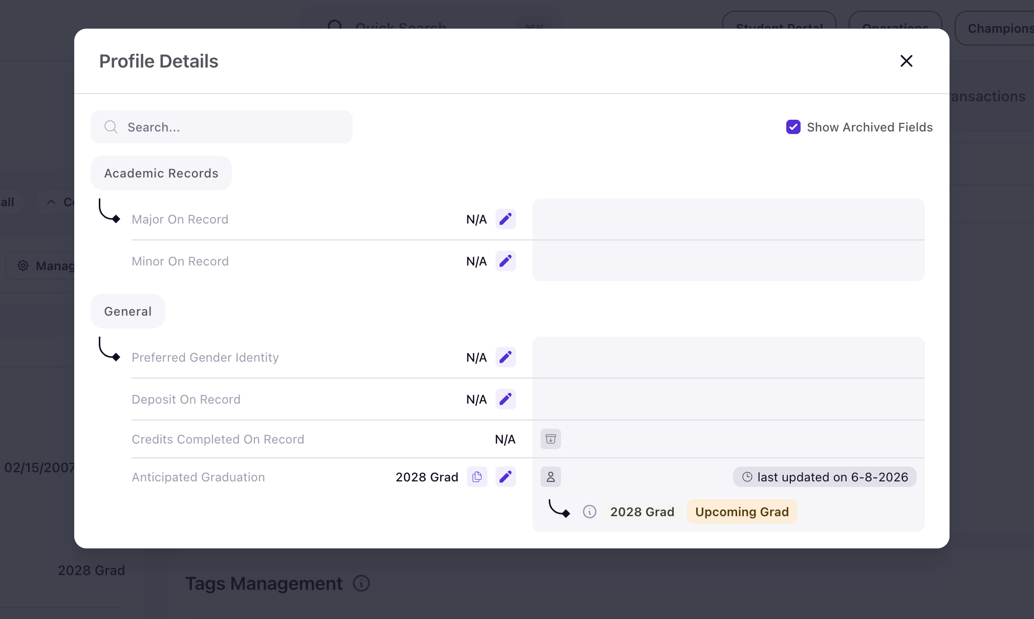 Profile Details modal with Show Archived Fields checked, displaying an archived Credits Completed On Record field with archive icon