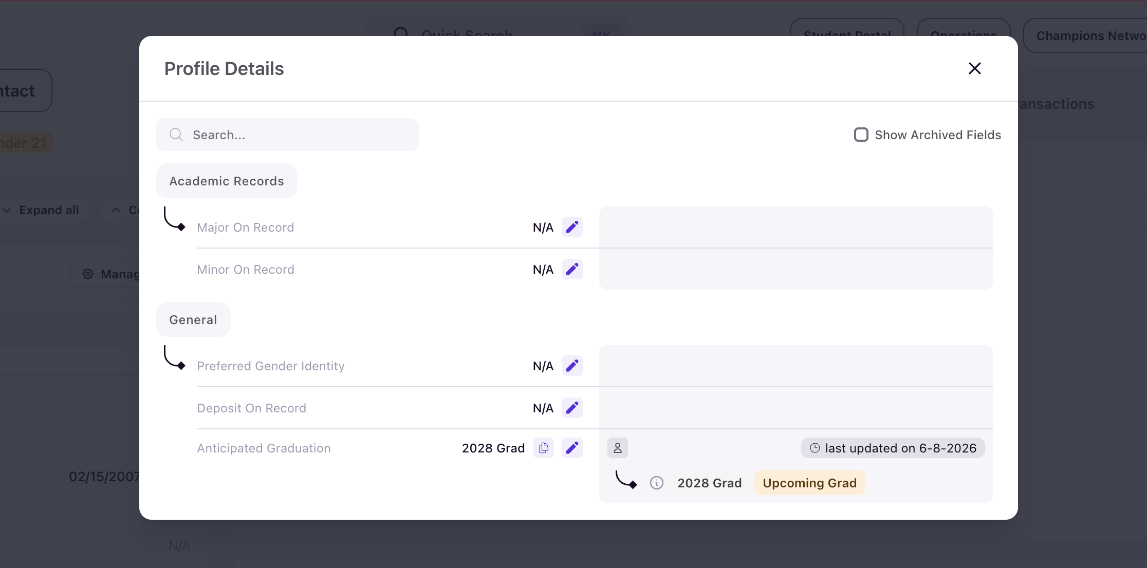 Profile Details modal showing a field updated to 2028 Grad with Upcoming Grad tag badge and last updated timestamp