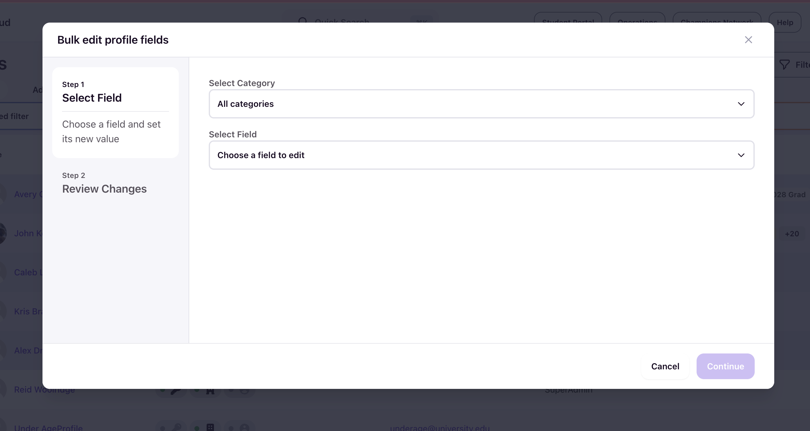 Bulk edit profile fields modal Step 1 showing Select Category and Select Field dropdowns