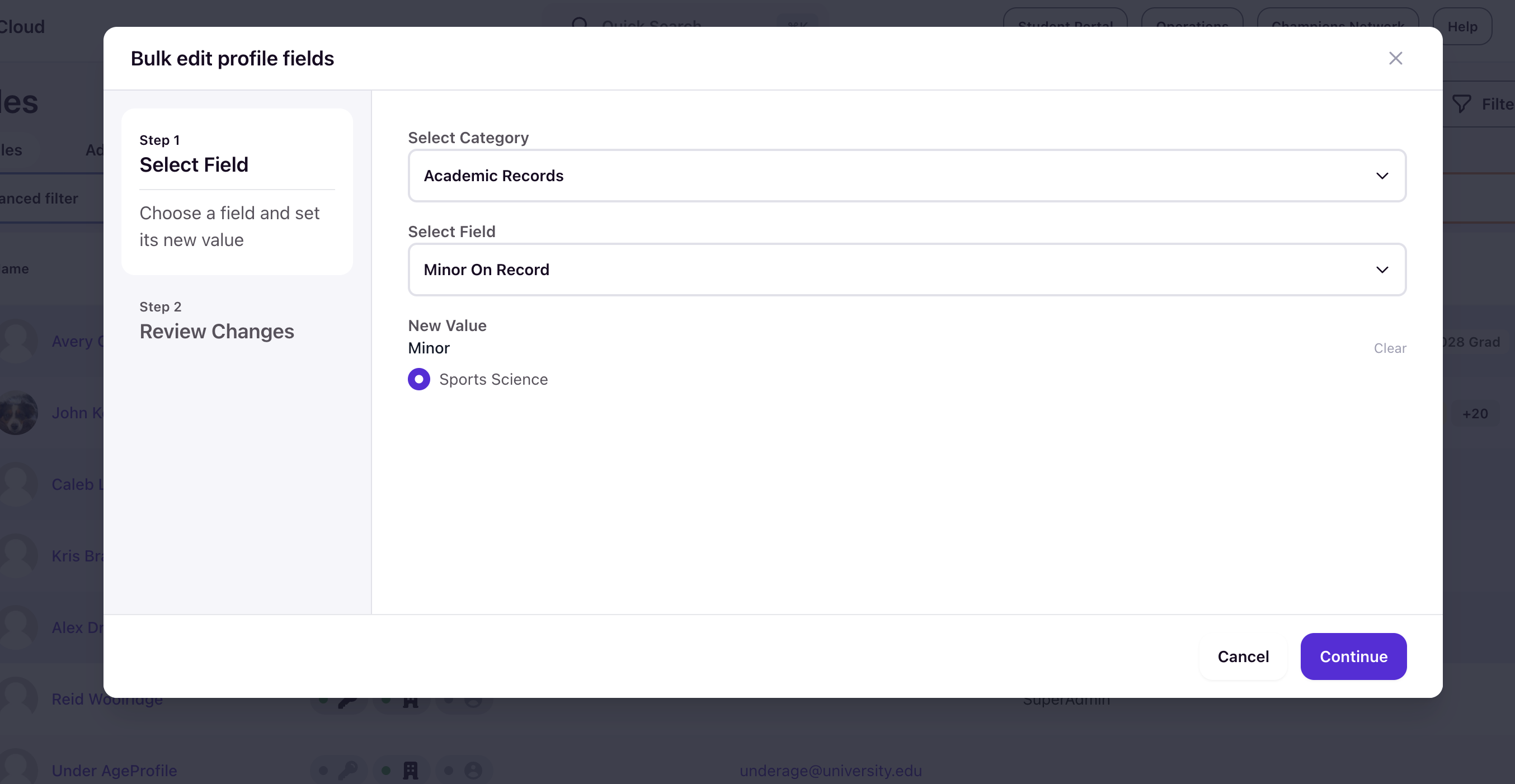 Bulk edit profile fields modal with Academic Records category selected, Minor On Record field chosen, and Sports Science selected as the new value