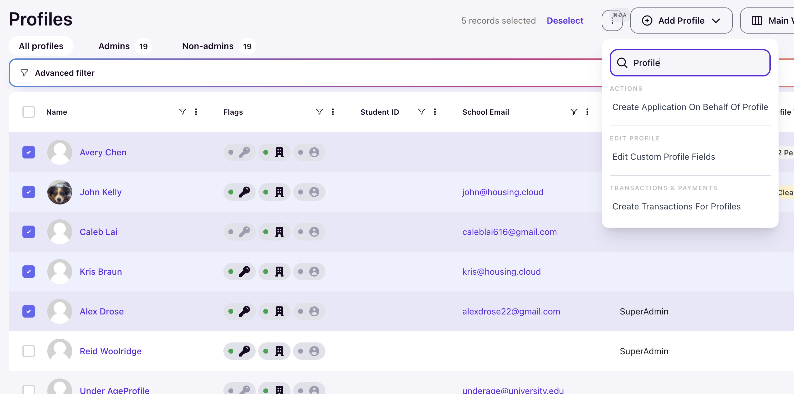 Profiles table with five records selected and bulk action dropdown open showing Edit Custom Profile Fields option