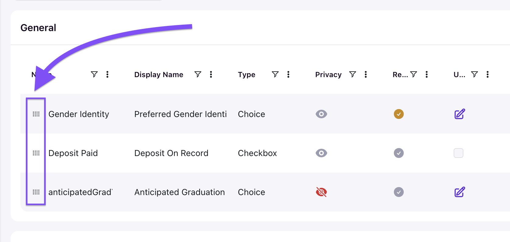 Profile Fields table showing drag handles in the leftmost column for reordering rows, with a purple arrow pointing to the drag handle area