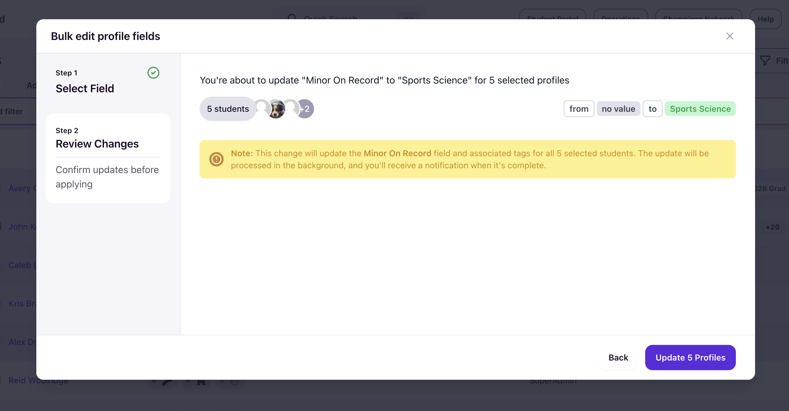 Bulk edit profile fields Step 2 Review Changes showing confirmation to update Minor On Record to Sports Science for 5 selected profiles with Update 5 Profiles button
