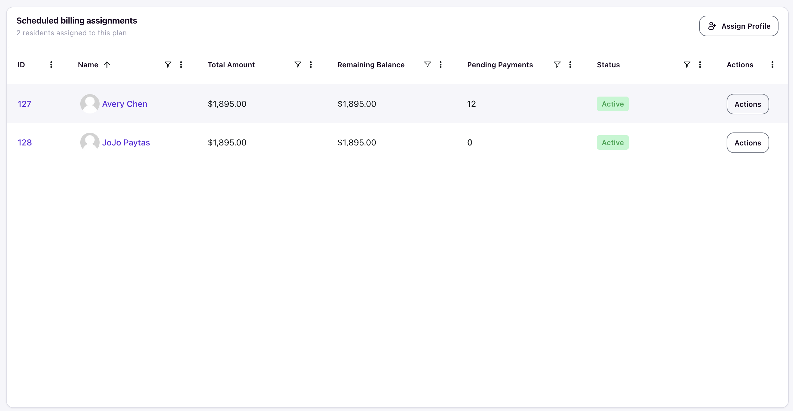 Schedule detail page showing the Scheduled billing assignments section with the Assign Profile button