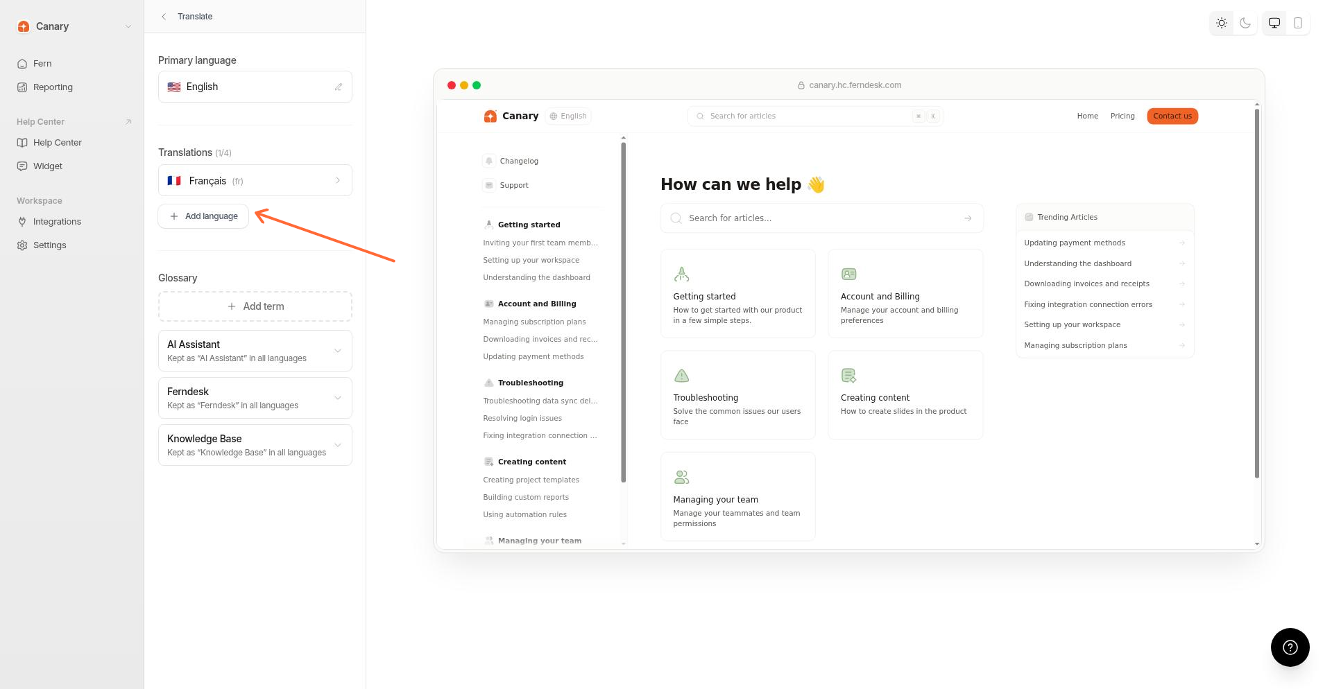 The translations dashboard showing the Add language button