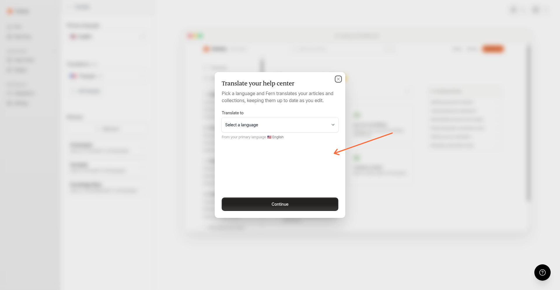 The language selection step with a dropdown and Continue button
