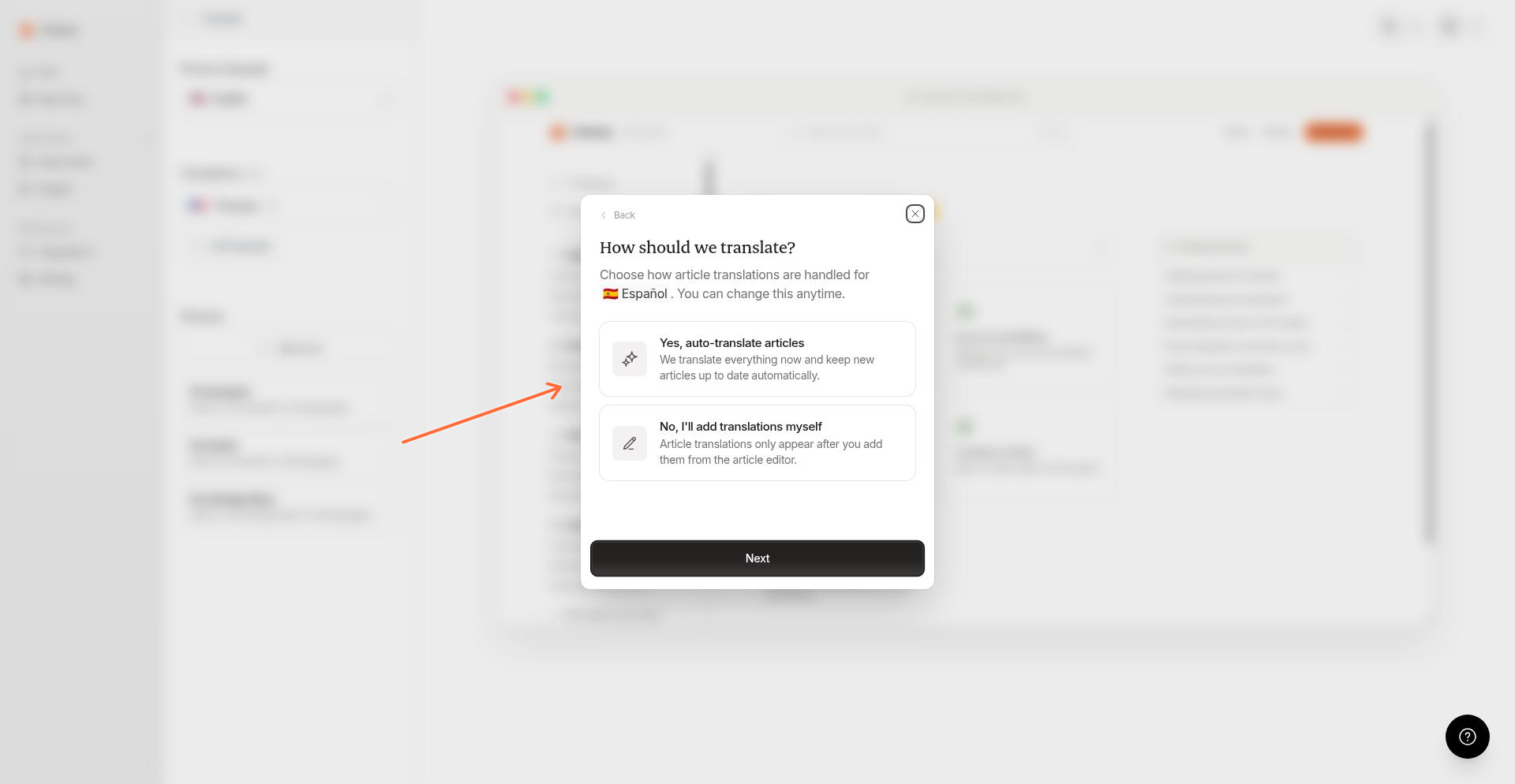 The translation mode step showing auto-translate and manual options