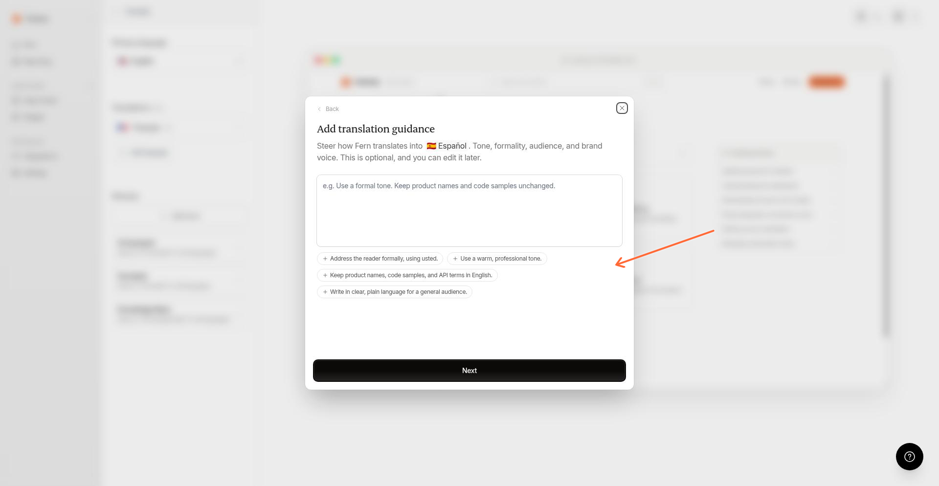The translation guidance step with a text area and Next button