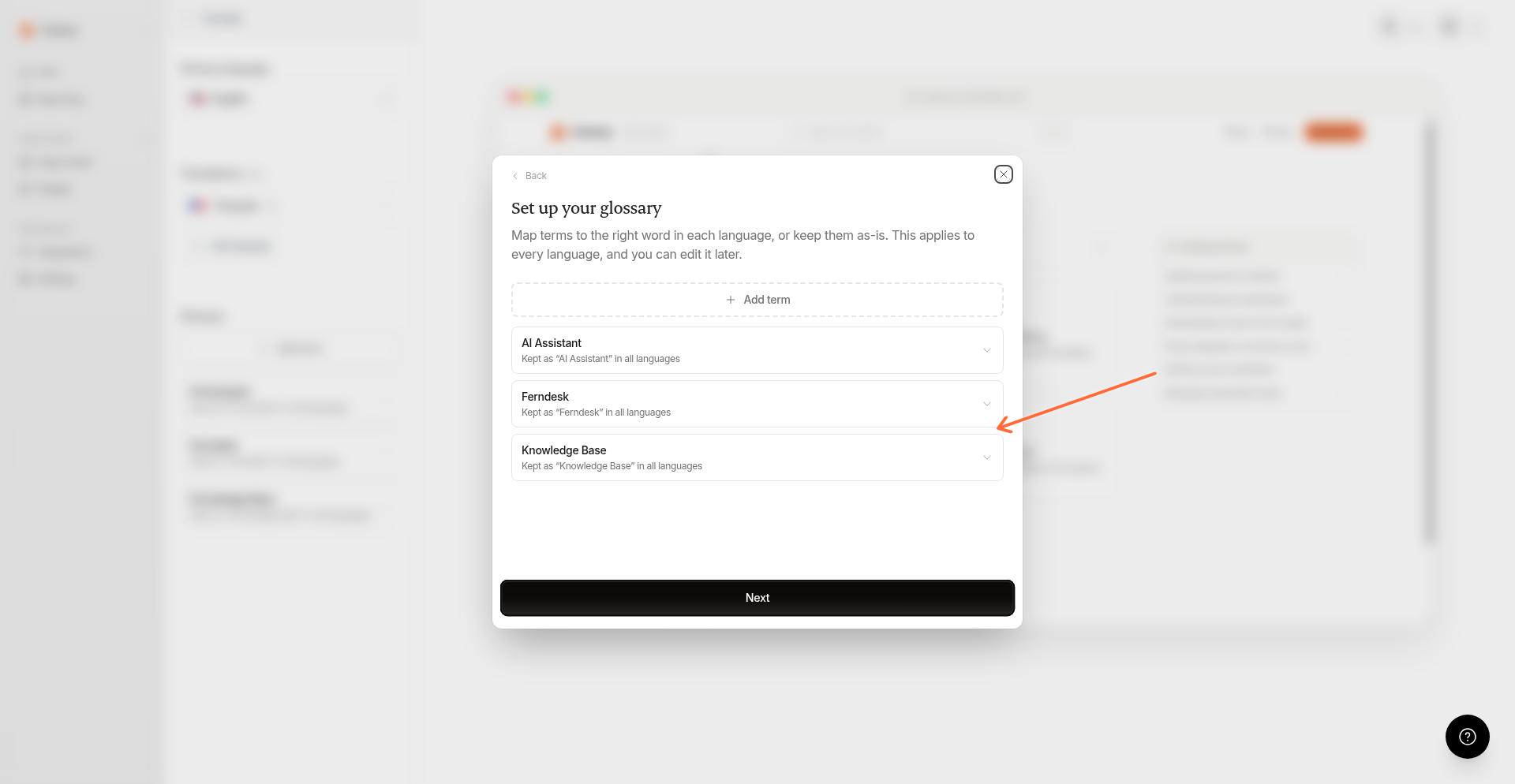 The glossary setup step showing the Add term button and existing terms