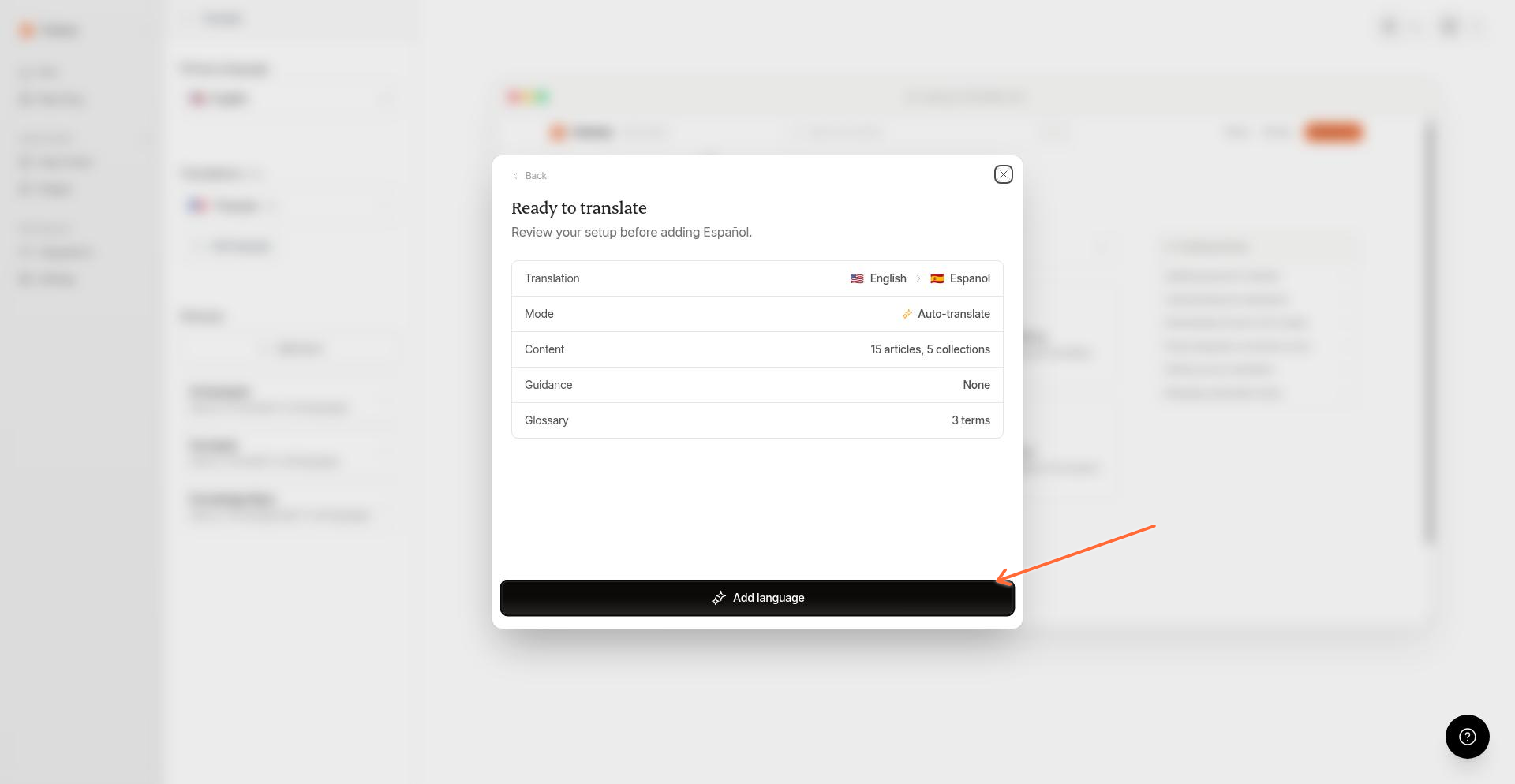 The review step showing translation summary and Add language button