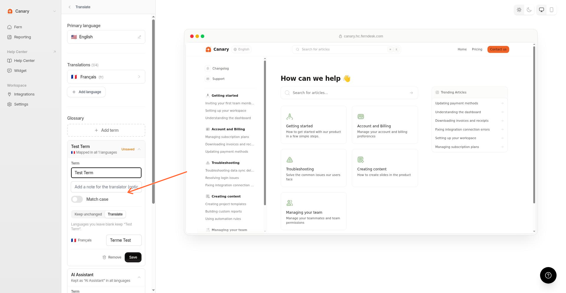 An expanded glossary term showing the Match case toggle and editable translation fields