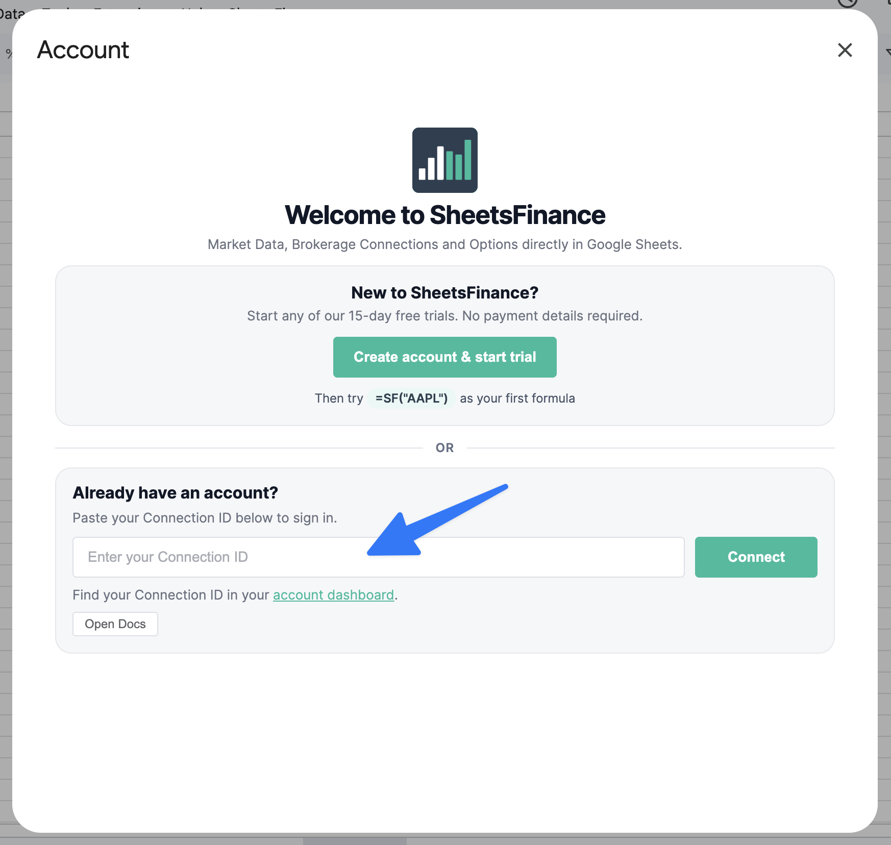 Google Sheets account modal