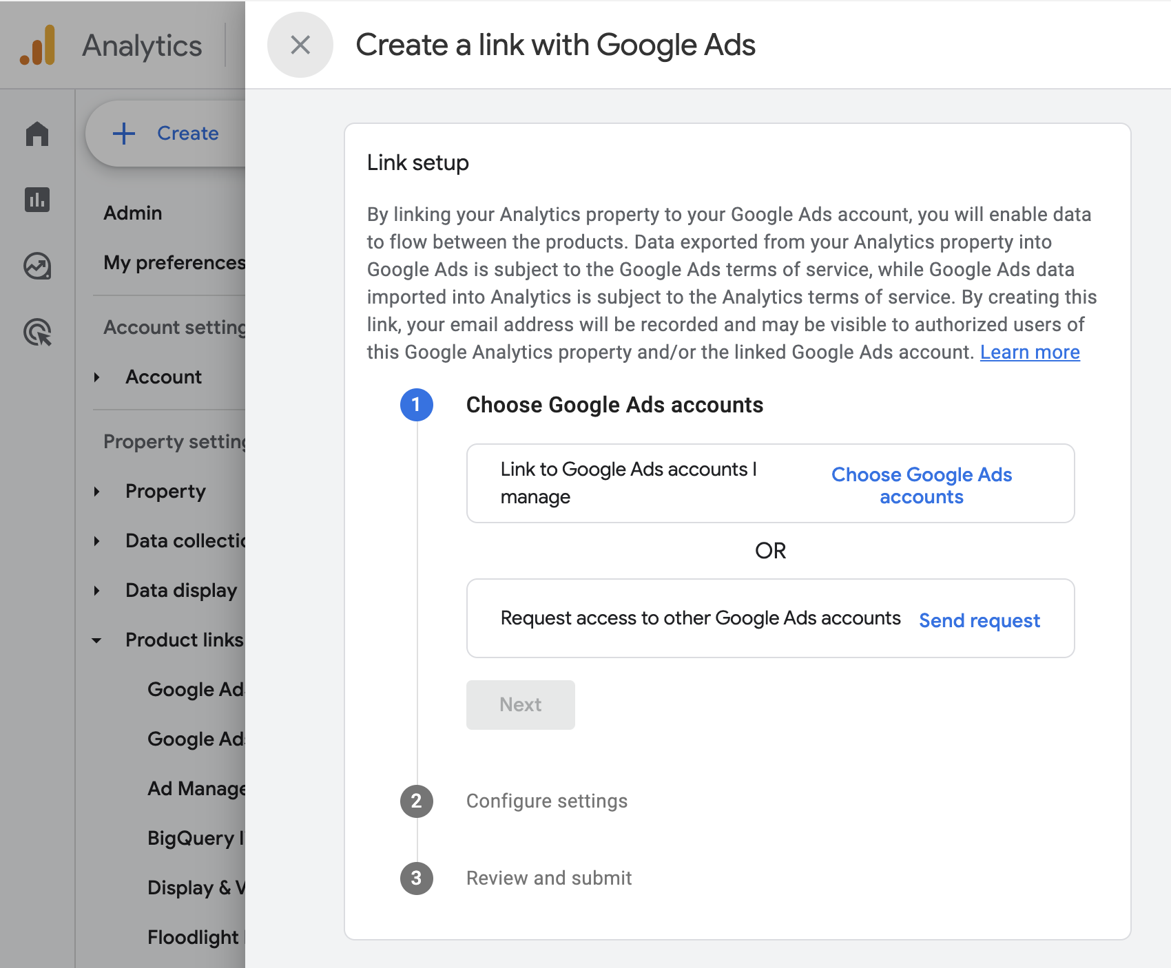 Google Analytics Admin linking to Google Ads