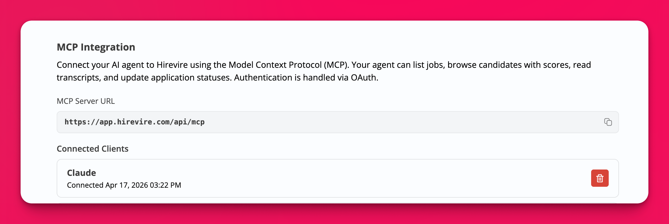 MCP Integration page showing the MCP Server URL field and Connected Clients list