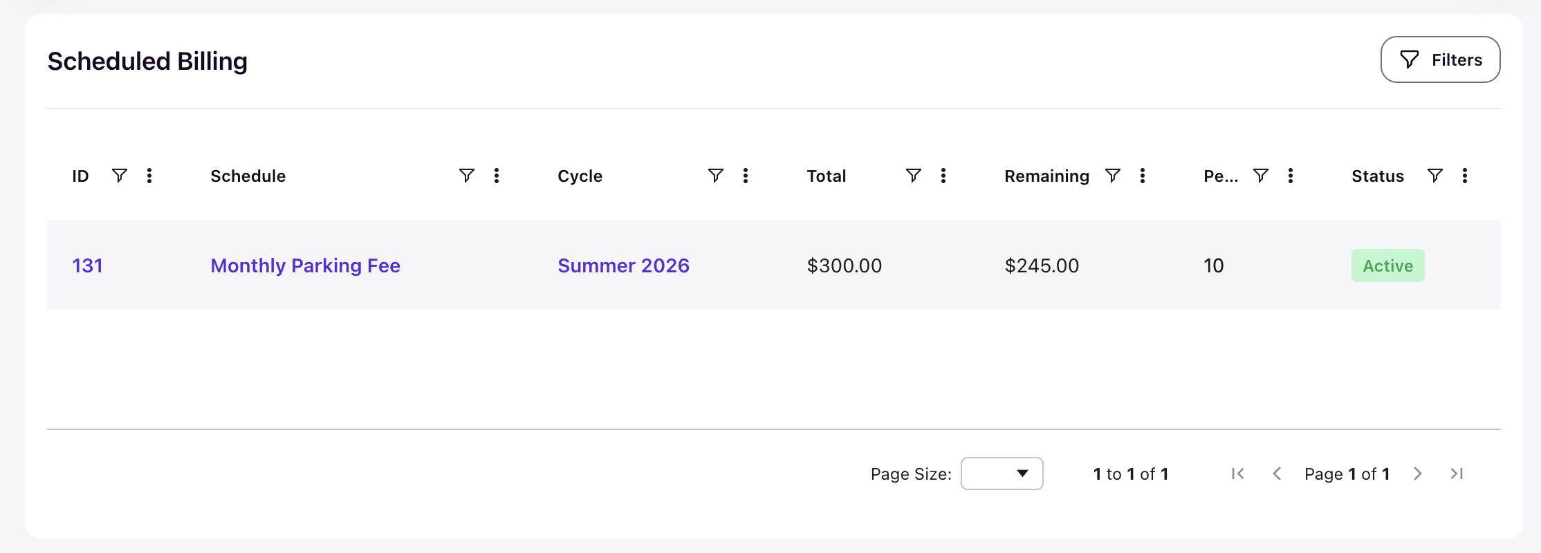 Student profile Scheduled Billing card showing assignment totals and status