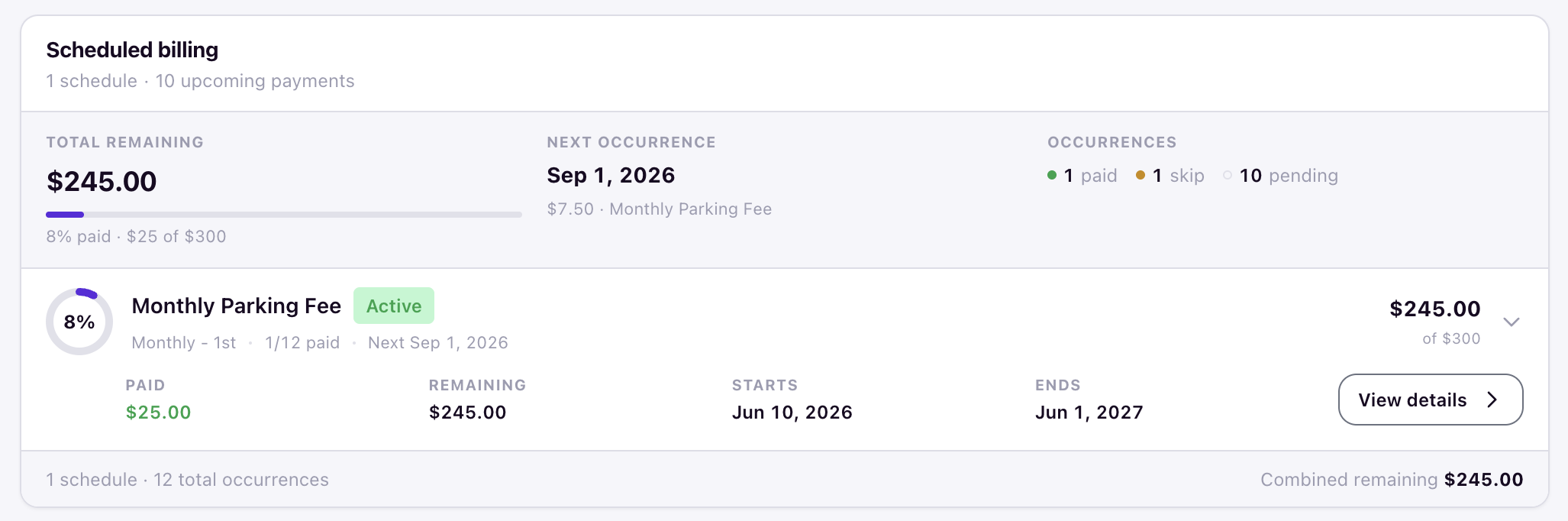 Balance detail Scheduled Billing card showing total remaining, progress bar, and next occurrence