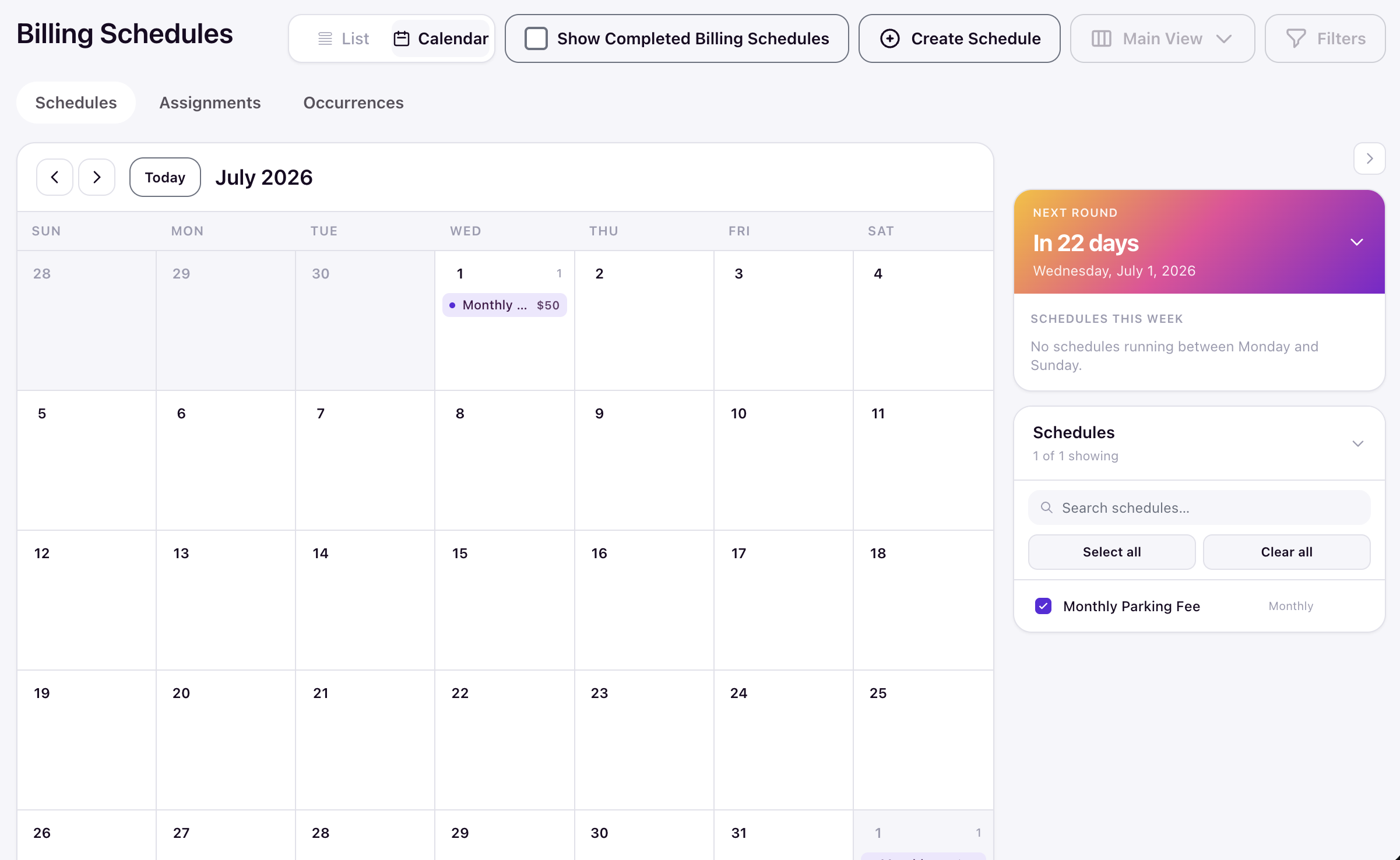 Calendar view with Next Round panel showing upcoming billing dates
