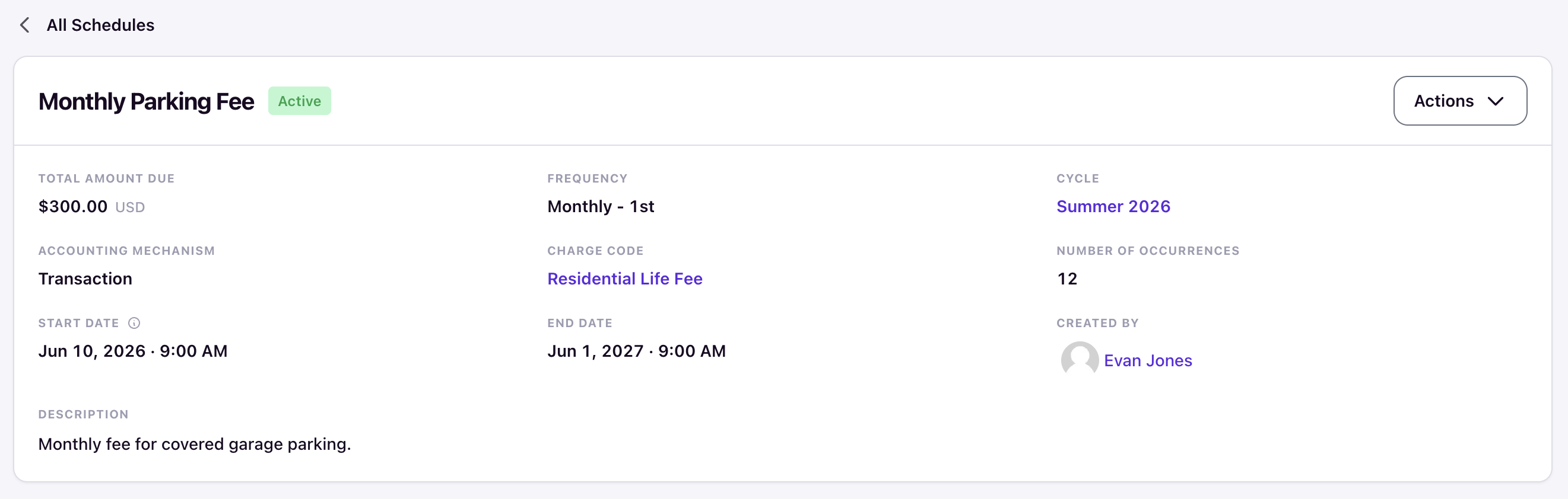 Schedule detail page showing a Monthly Parking Fee schedule with Active status and configuration fields