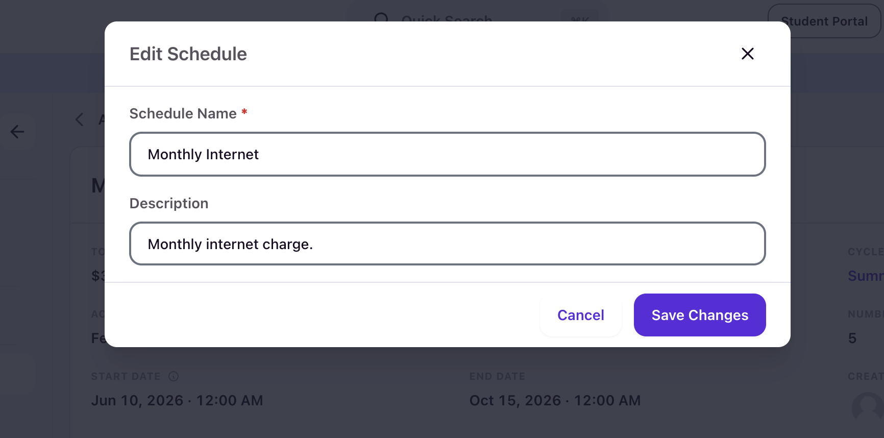 Edit Schedule modal showing only Schedule Name and Description fields are editable