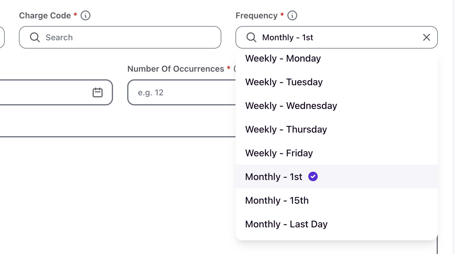 Frequency dropdown showing Weekly and Monthly options including Monthly - 1st, 15th, and Last Day
