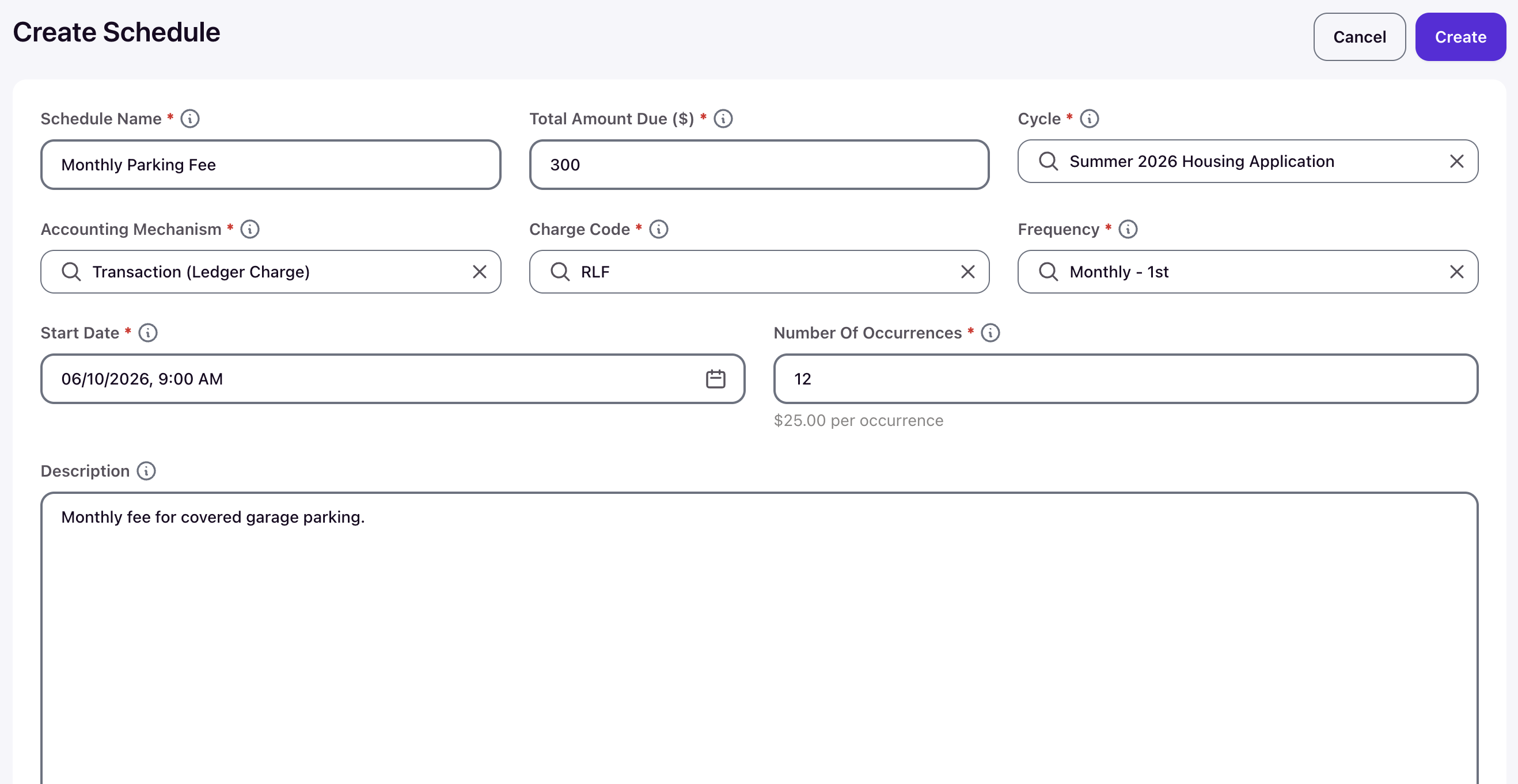Create Schedule form filled with Monthly Parking Fee, $300 total, 12 occurrences, and $25.00 per occurrence helper text
