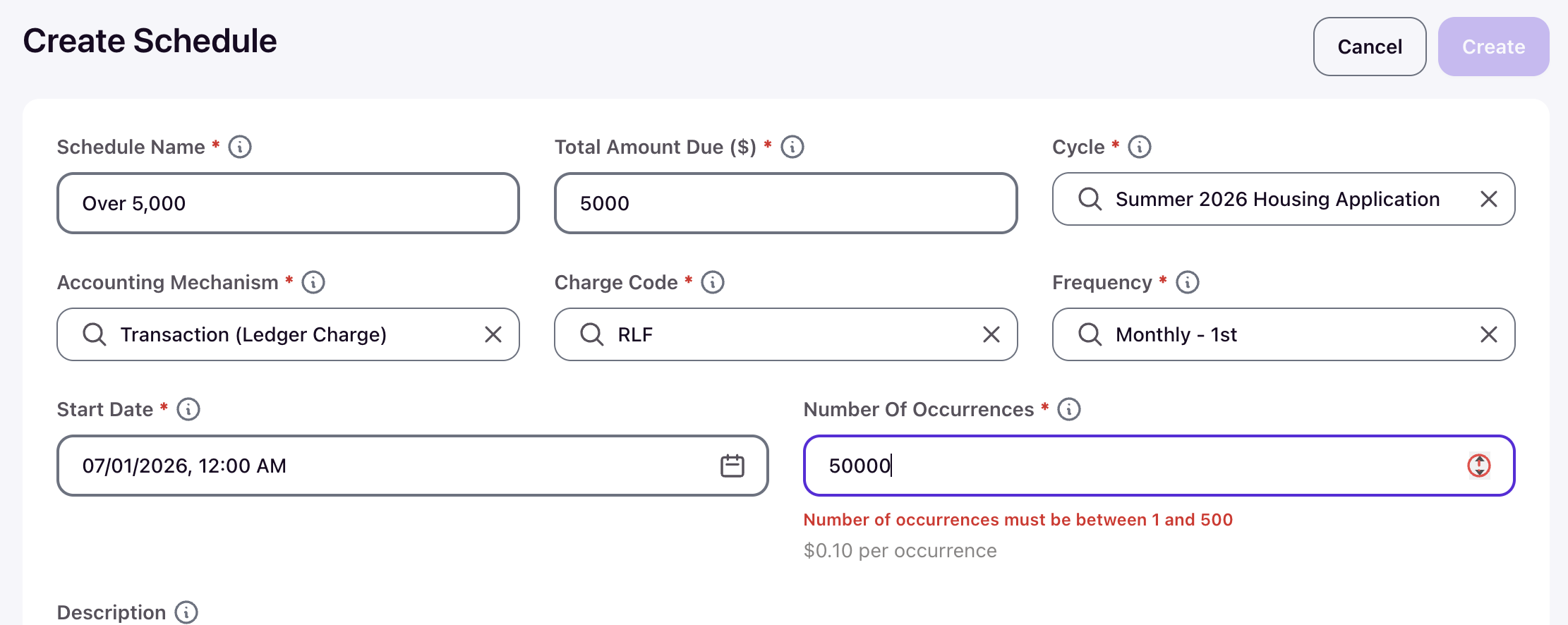Create Schedule form showing Number Of Occurrences validation error when the value exceeds 500