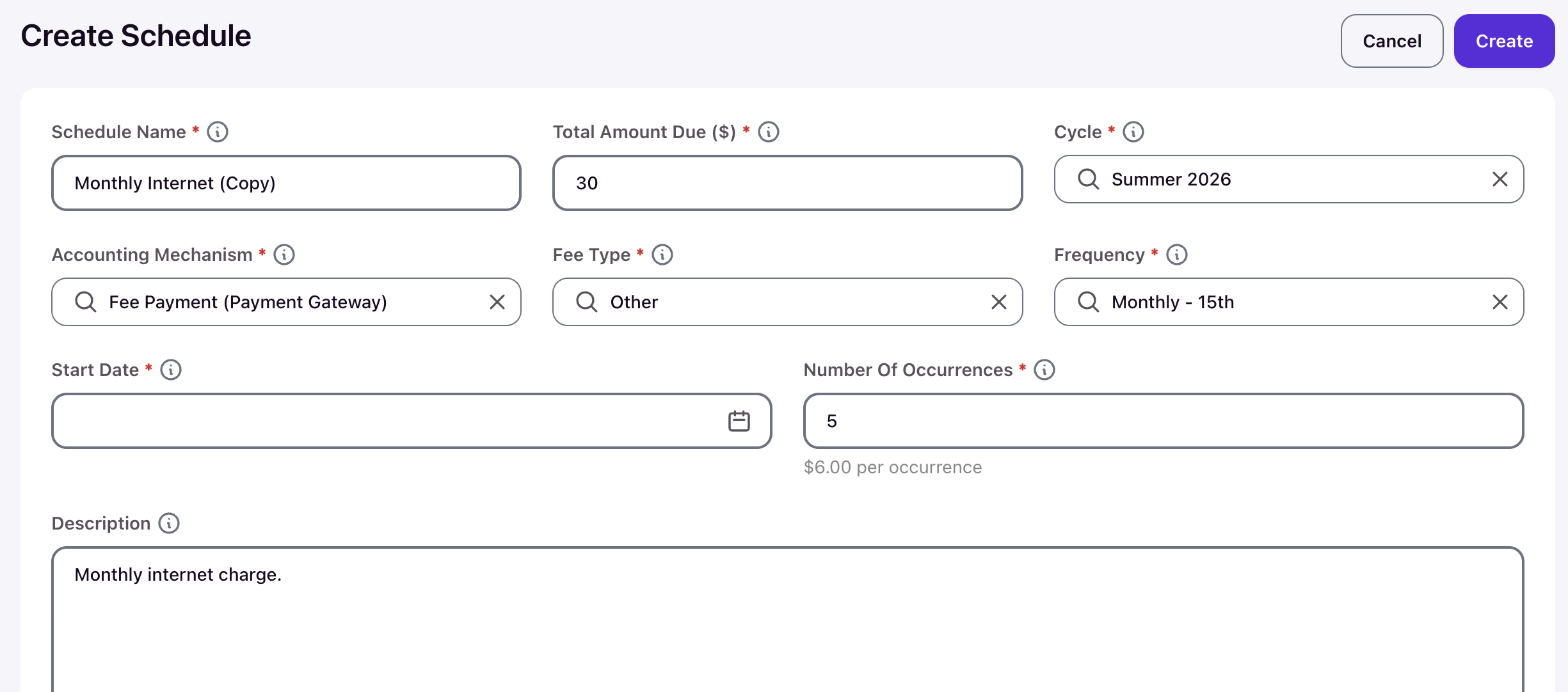 Create Schedule form showing Fee Payment (Payment Gateway) selected with Fee Type dropdown