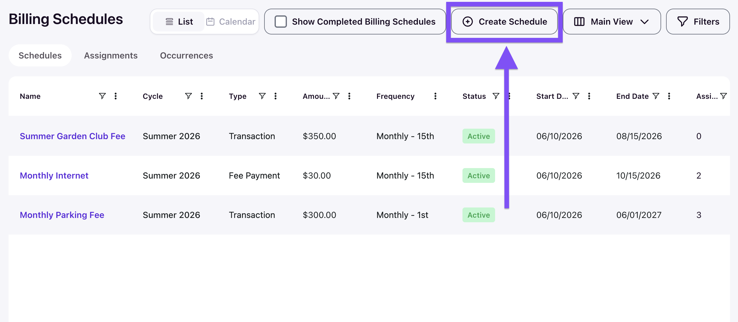 Create Schedule form showing blank fields for schedule name, total amount, cycle, accounting mechanism, charge code, frequency, start date, occurrences, and description