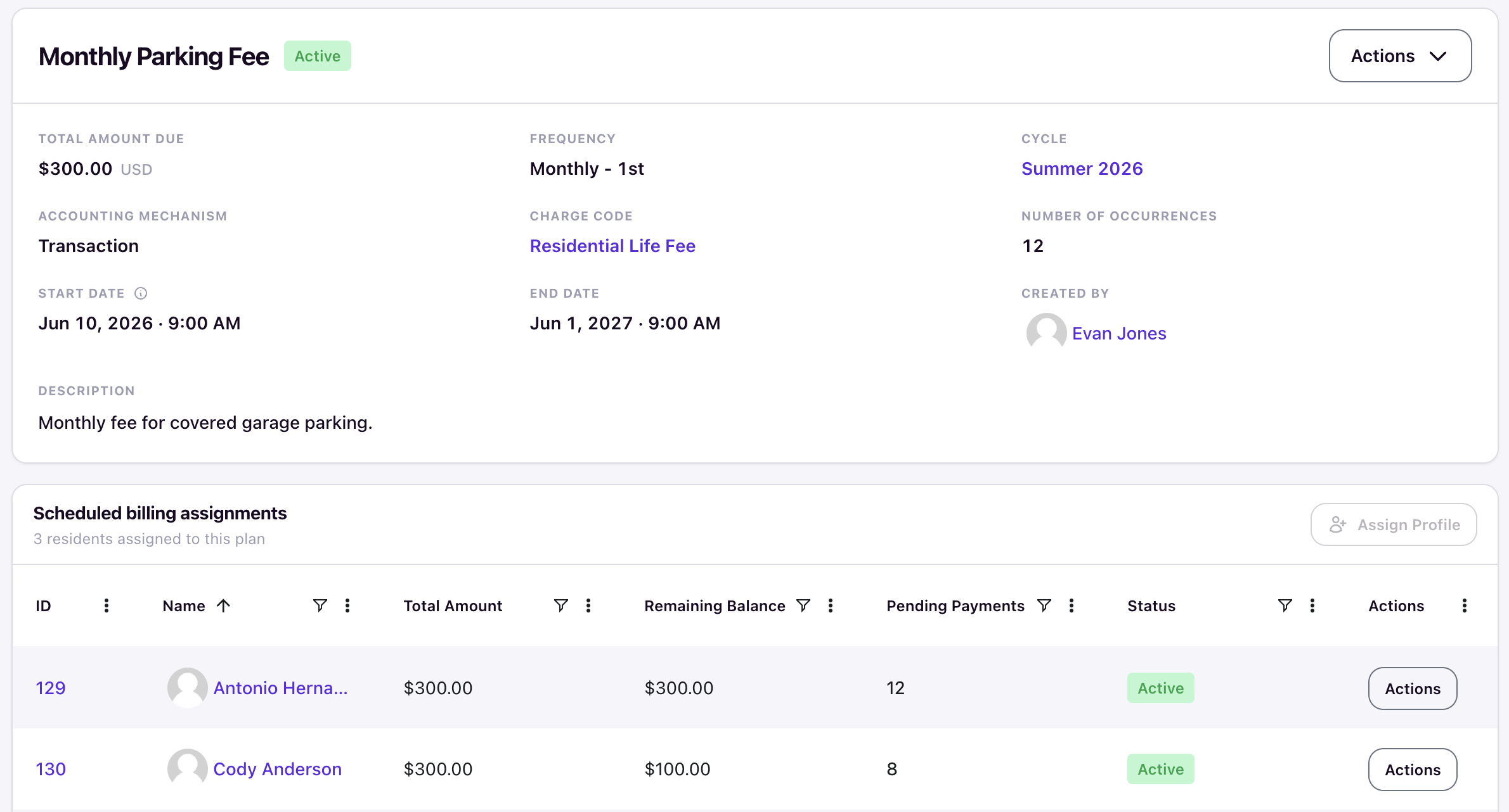 Schedule detail page after creation showing Active status, configuration fields, and Scheduled billing assignments section