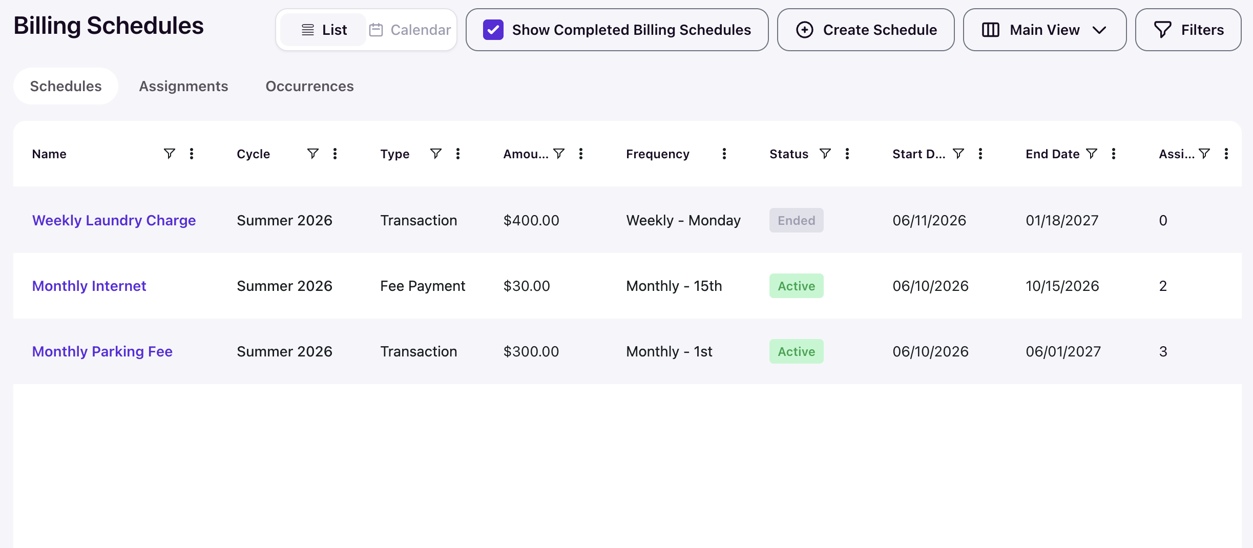 Schedules list with Show Completed Billing Schedules toggle enabled, showing both Active and Ended schedules