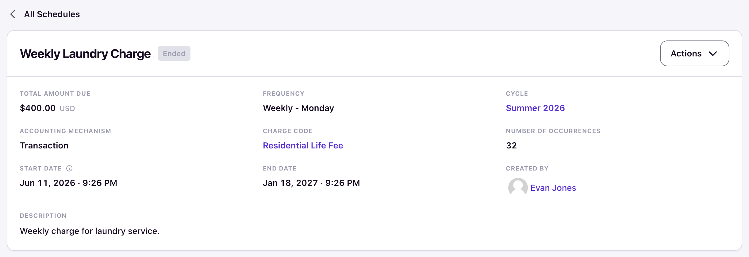 Schedule detail page showing an Ended status badge next to the schedule name
