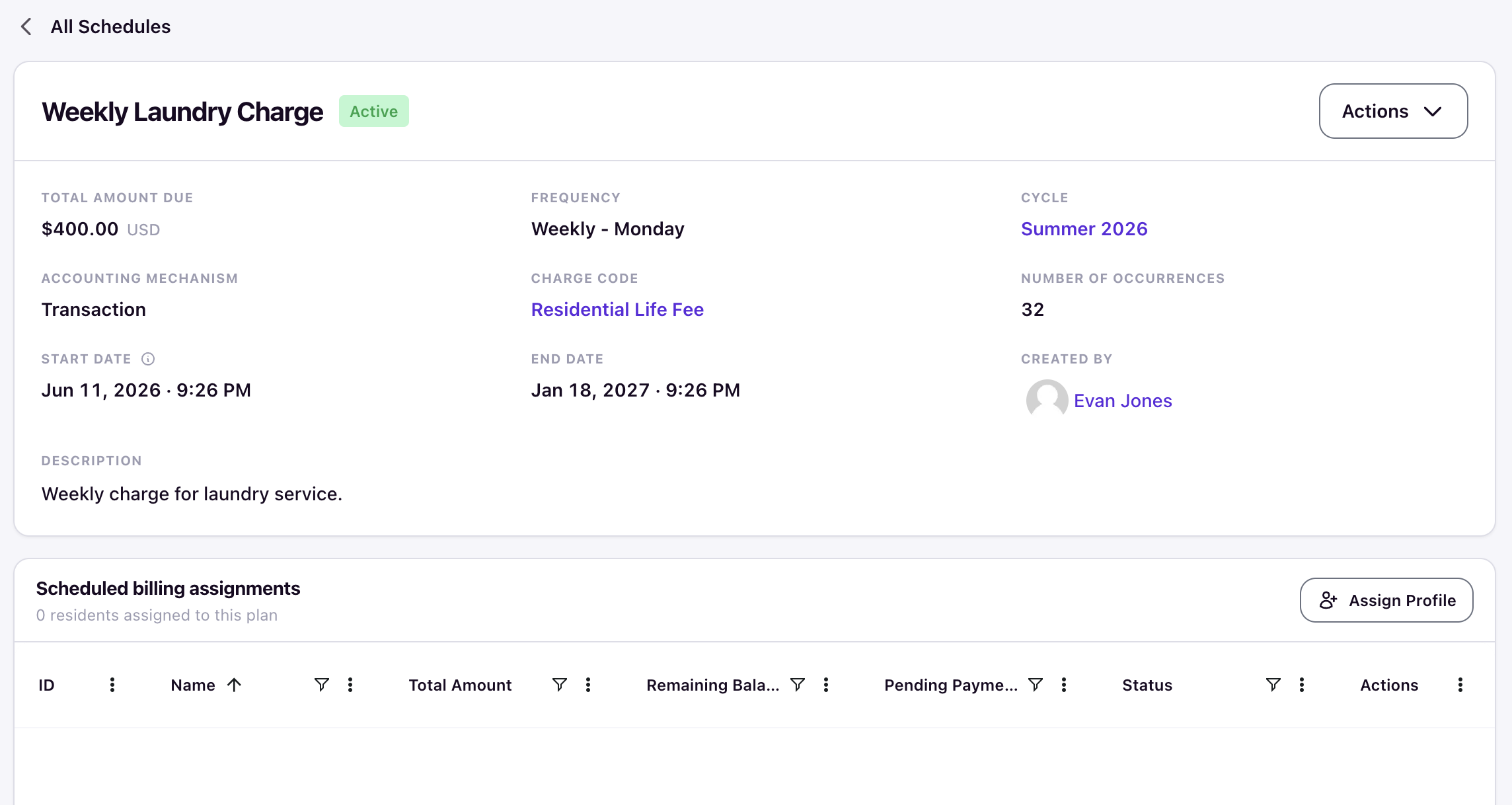 Schedule detail page showing no residents assigned and the End Schedule option available in the Actions menu