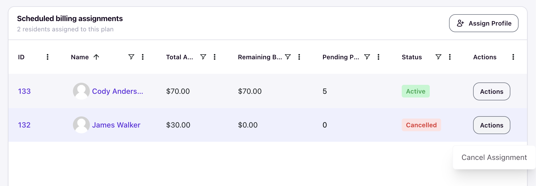 Cancel Assignment action in the Actions menu on a student's assignment row