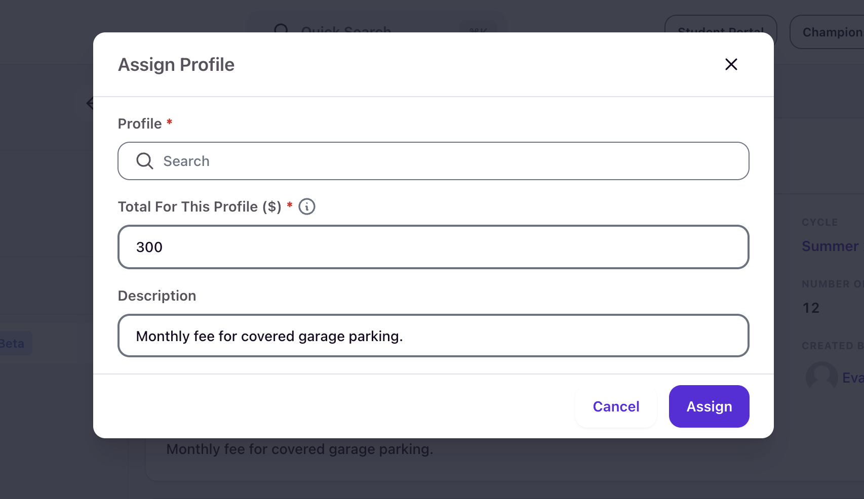 Assign Profile modal with Profile search, Total For This Profile, and Description fields