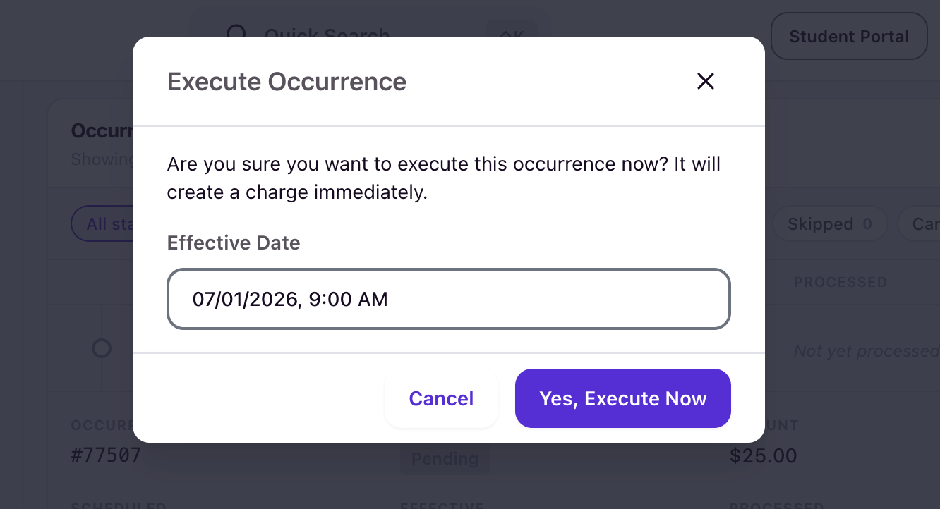Execute Occurrence modal showing warning and Effective Date field