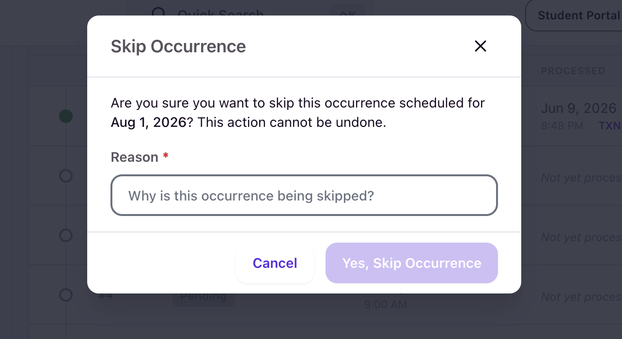 Skip Occurrence modal with required Reason field and disabled confirm button