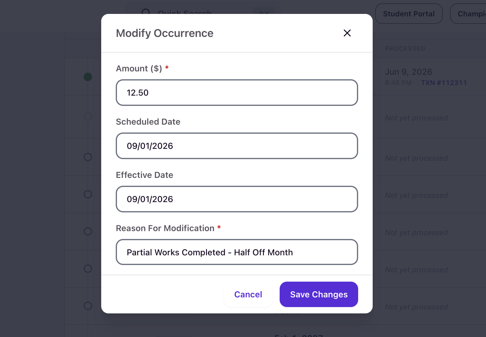 Modify Occurrence modal showing Amount, Scheduled Date, Effective Date, and Reason For Modification fields