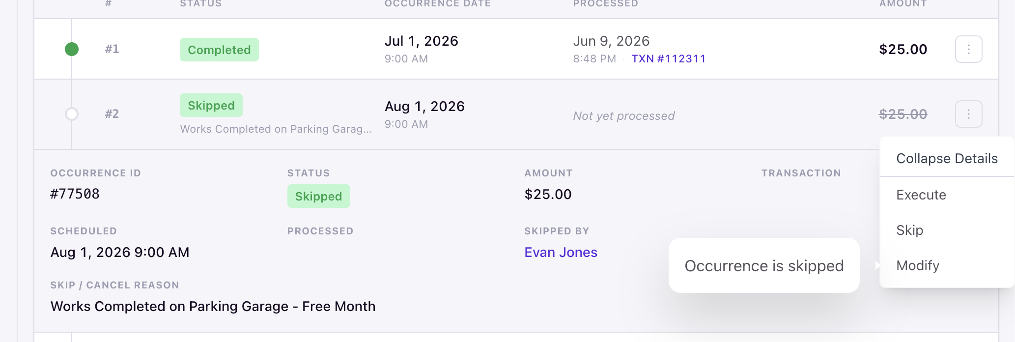 Toast notification showing Occurrence is skipped when attempting to modify a skipped occurrence