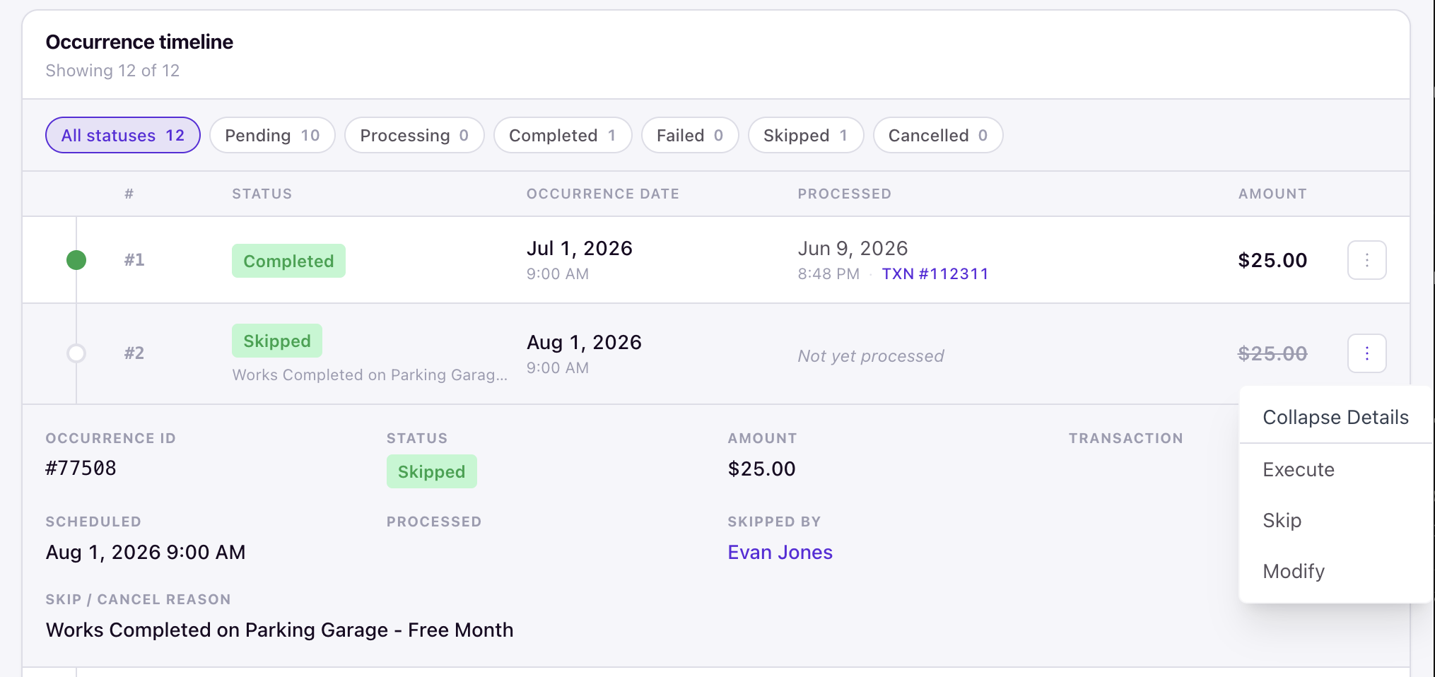 Skipped occurrence details showing Skipped By, status, and struck-through amount