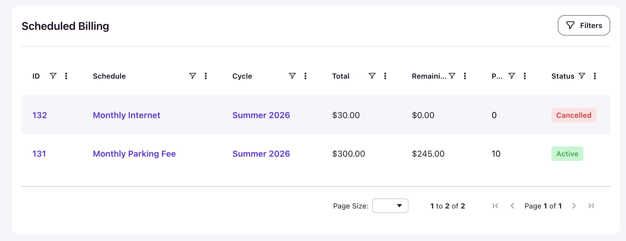 Student profile Scheduled Billing card showing assignments with total, remaining balance, and status