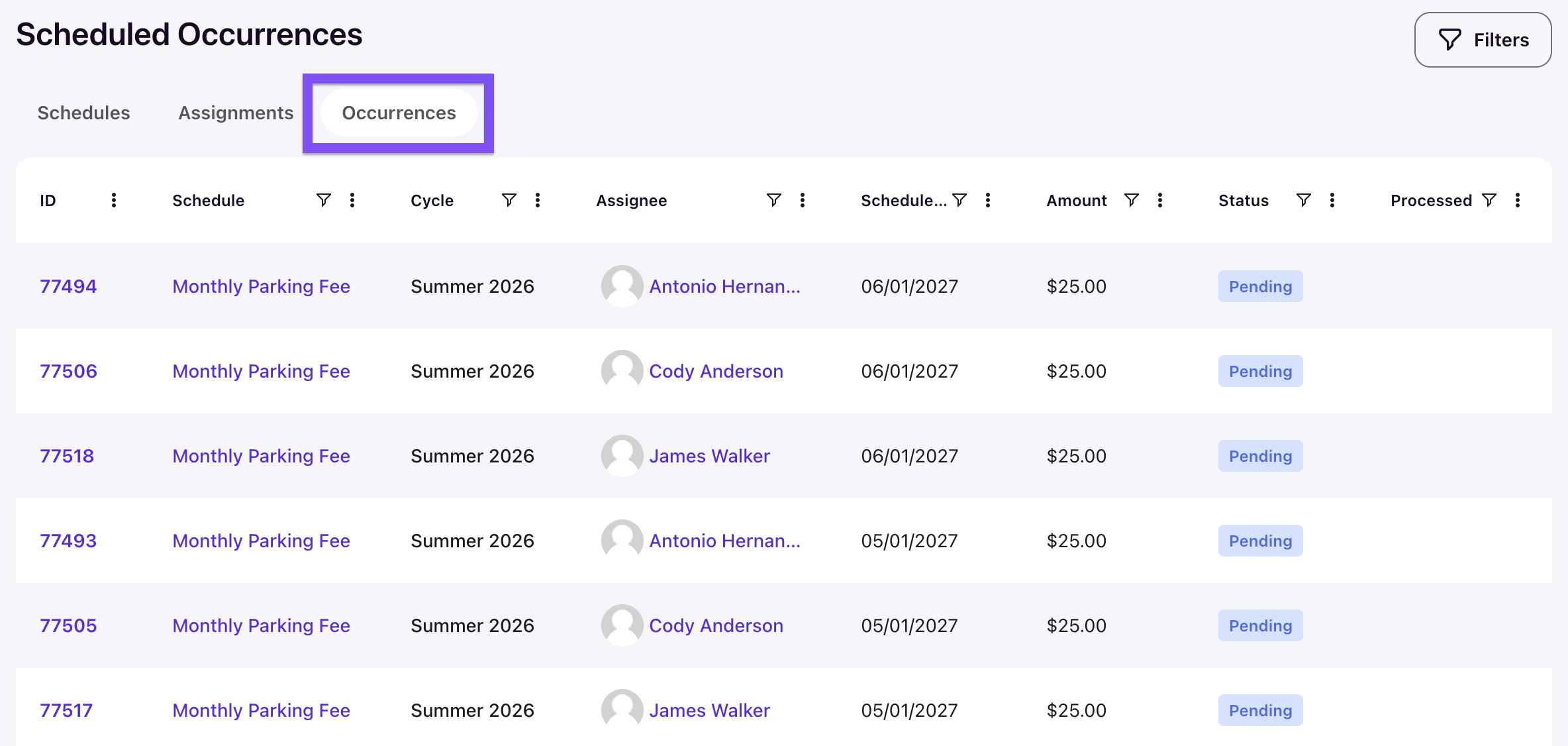 Scheduled Occurrences table showing pending rows across schedules and assignees