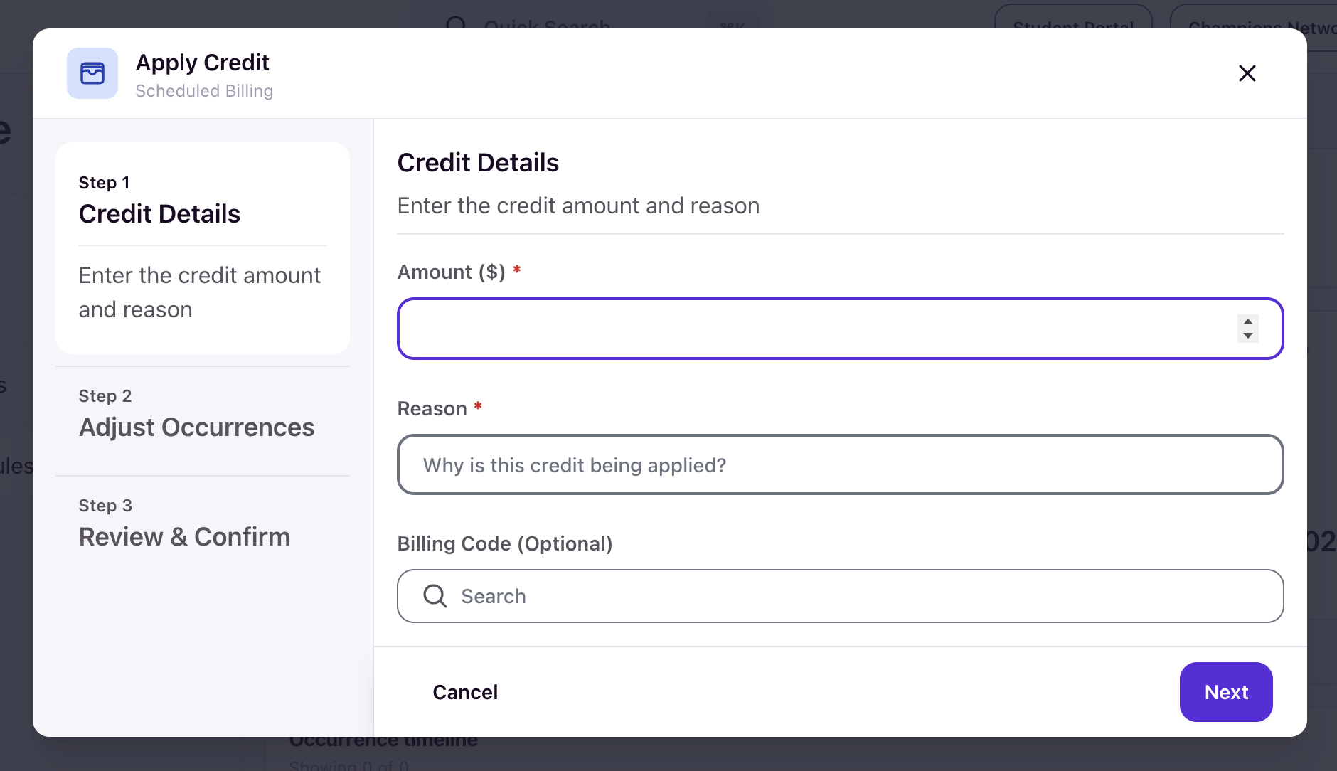 Credit Details step of the Apply Credit wizard with empty fields for amount, reason, and billing code