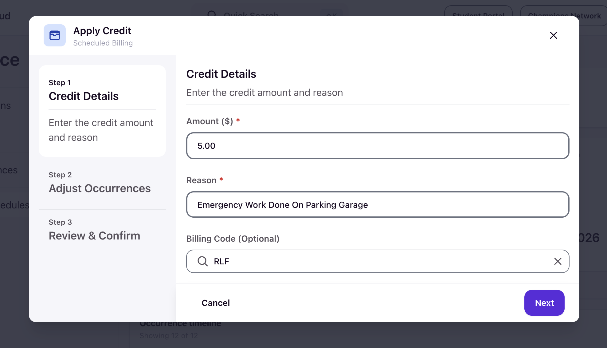 Credit Details step filled with amount, reason, and billing code