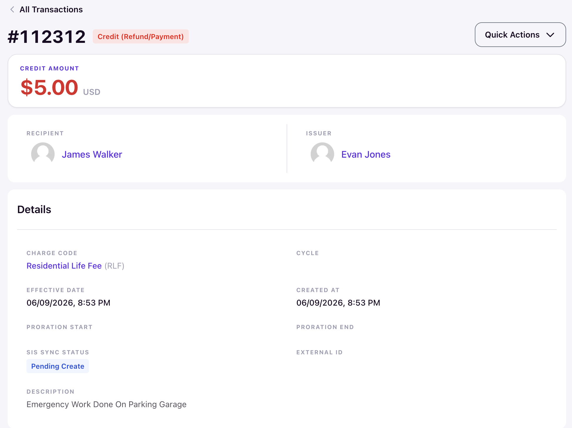 Credit transaction detail showing type, amount, recipient, issuer, and SIS sync status