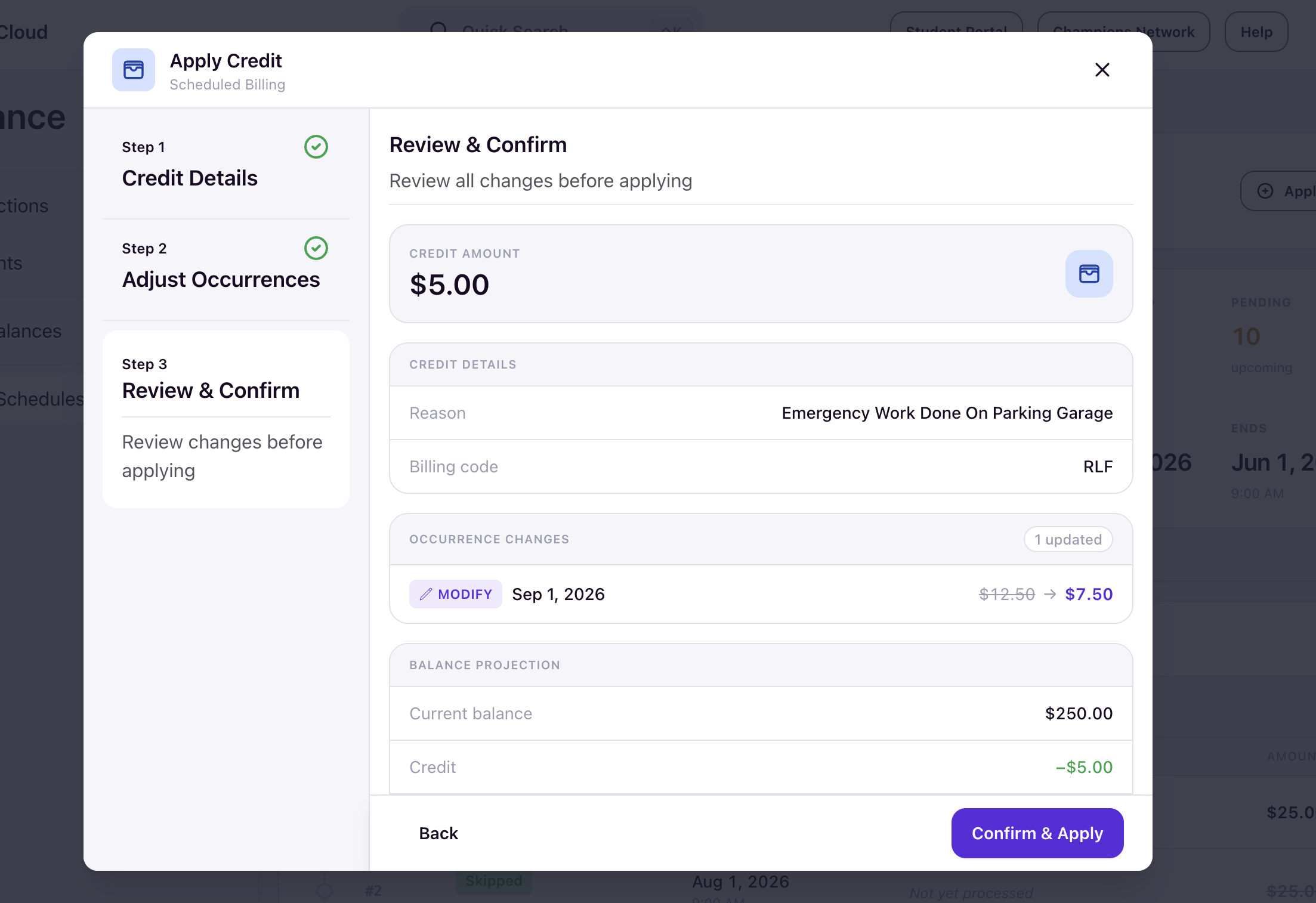 Review and Confirm step showing credit details, occurrence changes, and balance projection