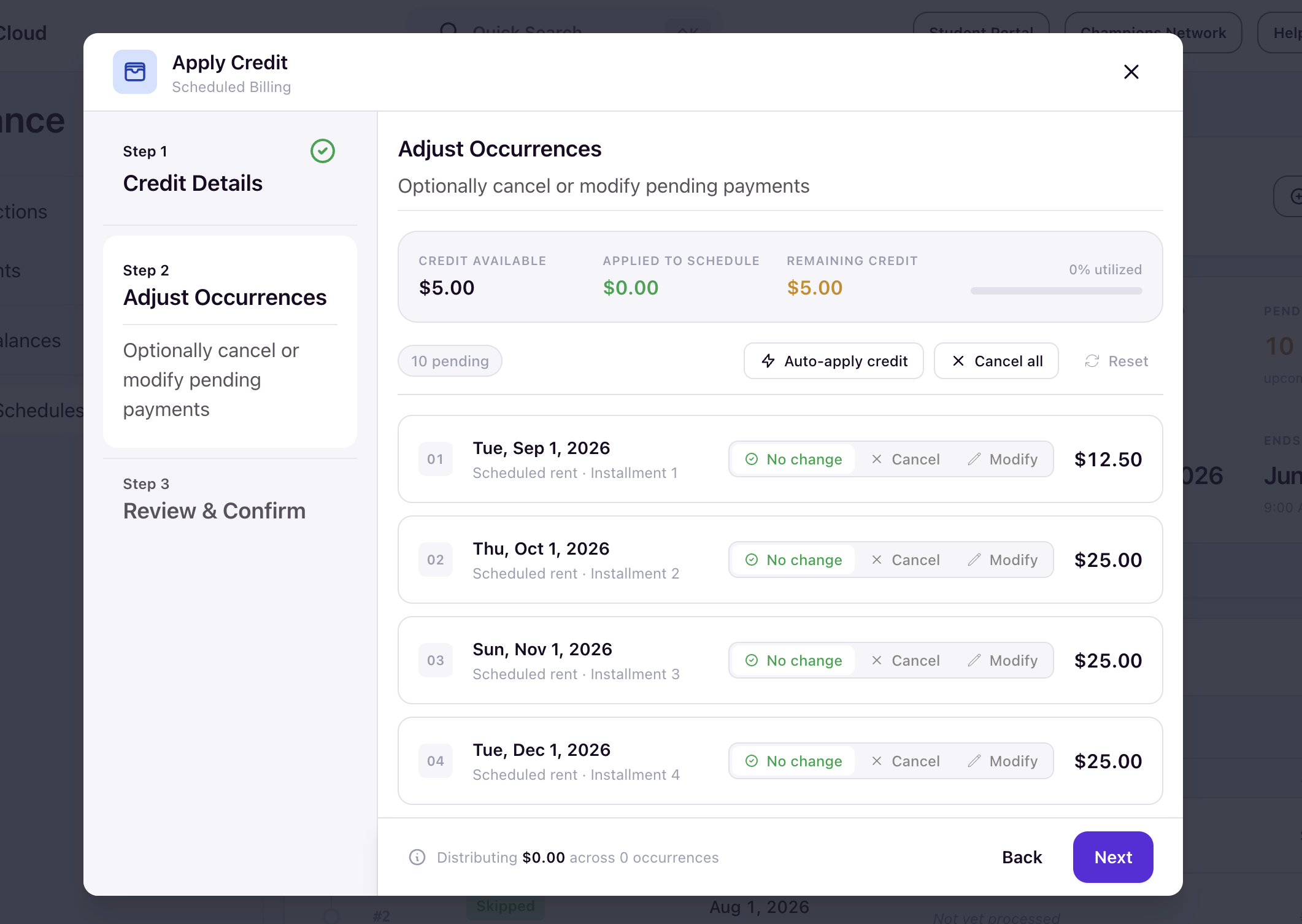 Adjust Occurrences step showing pending occurrences and credit summary bar